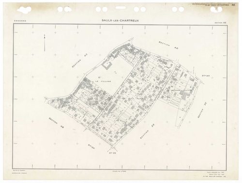 SAULX-LES-CHARTREUX, plans minutes de conservation : tableau d'assemblage,1962, Ech. 1/10000 ; plans des sections Au, Bu, Eu, Fu, Hu, Iu, Ou, G1, G2, 1962, Ech. 1/1250, sections AB, AC, AD, AE, AH, AI, AK, AL, AM, AN, AO, ZA, ZB, ZC, ZD, ZE, ZH, ZI, ZK, Z