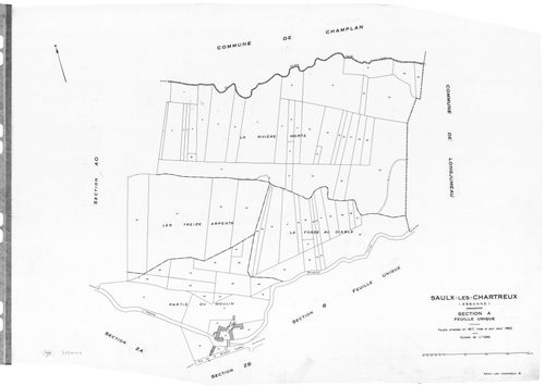 SAULX-LES-CHARTREUX. - Cadastre dressé en 1817 mis à jour en 1962 : plans de la section A, section B, section E, section F, section G 1ère feuille, idem 2ème feuille, section H, section I, section O ; cadastre renouvelé pour 1962 : plans de la section AB,