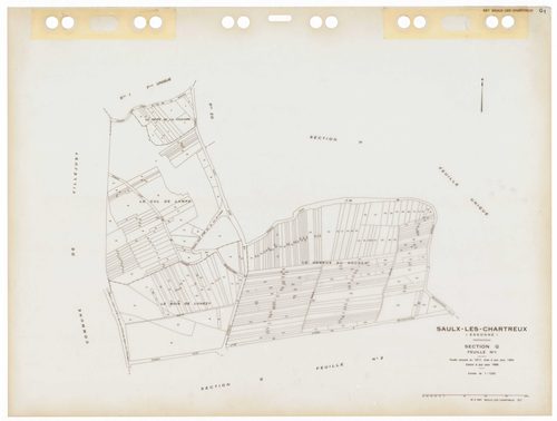 SAULX-LES-CHARTREUX, plans minutes de conservation : tableau d'assemblage,1962, Ech. 1/10000 ; plans des sections Au, Bu, Eu, Fu, Hu, Iu, Ou, G1, G2, 1962, Ech. 1/1250, sections AB, AC, AD, AE, AH, AI, AK, AL, AM, AN, AO, ZA, ZB, ZC, ZD, ZE, ZH, ZI, ZK, Z