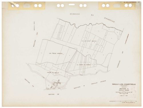 SAULX-LES-CHARTREUX, plans minutes de conservation : tableau d'assemblage,1962, Ech. 1/10000 ; plans des sections Au, Bu, Eu, Fu, Hu, Iu, Ou, G1, G2, 1962, Ech. 1/1250, sections AB, AC, AD, AE, AH, AI, AK, AL, AM, AN, AO, ZA, ZB, ZC, ZD, ZE, ZH, ZI, ZK, Z