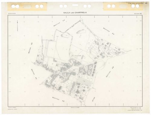 SAULX-LES-CHARTREUX, plans minutes de conservation : tableau d'assemblage,1962, Ech. 1/10000 ; plans des sections Au, Bu, Eu, Fu, Hu, Iu, Ou, G1, G2, 1962, Ech. 1/1250, sections AB, AC, AD, AE, AH, AI, AK, AL, AM, AN, AO, ZA, ZB, ZC, ZD, ZE, ZH, ZI, ZK, Z