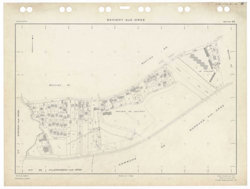 SAVIGNY-SUR-ORGE, plans minutes de conservation : tableau d'assemblage,1970, Ech. 1/5000 ; plans des sections AD, 1970, Ech. 1/2000, sections AB, AC, AE, AH, AI, AK, AL, AM, AN, AO, AP, AR, AS, AT, AV, AW, AX, AY, AZ, BC, BD, 1970, Ech. 1/1000, section BE
