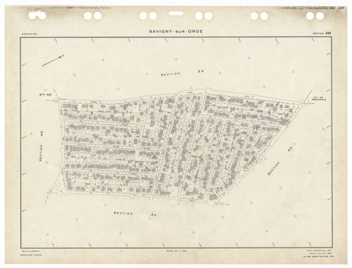 SAVIGNY-SUR-ORGE, plans minutes de conservation : tableau d'assemblage,1970, Ech. 1/5000 ; plans des sections AD, 1970, Ech. 1/2000, sections AB, AC, AE, AH, AI, AK, AL, AM, AN, AO, AP, AR, AS, AT, AV, AW, AX, AY, AZ, BC, BD, 1970, Ech. 1/1000, section BE