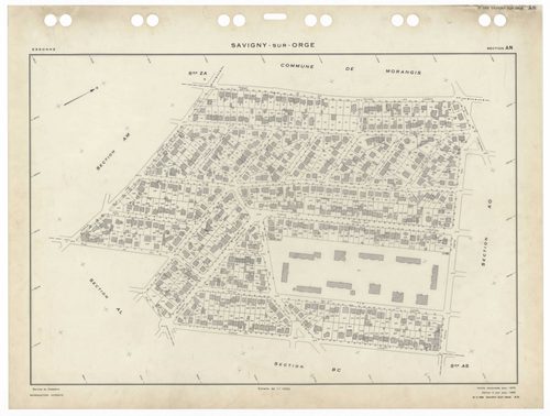 SAVIGNY-SUR-ORGE, plans minutes de conservation : tableau d'assemblage,1970, Ech. 1/5000 ; plans des sections AD, 1970, Ech. 1/2000, sections AB, AC, AE, AH, AI, AK, AL, AM, AN, AO, AP, AR, AS, AT, AV, AW, AX, AY, AZ, BC, BD, 1970, Ech. 1/1000, section BE