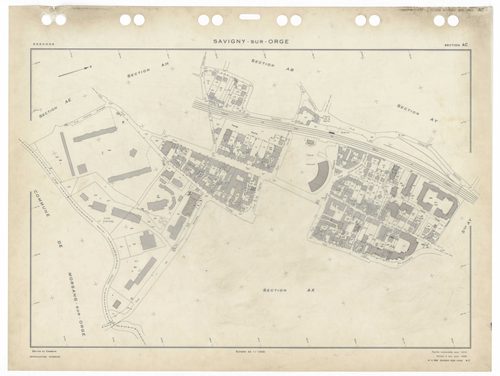 SAVIGNY-SUR-ORGE, plans minutes de conservation : tableau d'assemblage,1970, Ech. 1/5000 ; plans des sections AD, 1970, Ech. 1/2000, sections AB, AC, AE, AH, AI, AK, AL, AM, AN, AO, AP, AR, AS, AT, AV, AW, AX, AY, AZ, BC, BD, 1970, Ech. 1/1000, section BE