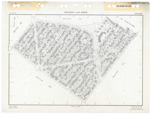 SAVIGNY-SUR-ORGE, plans minutes de conservation : tableau d'assemblage,1970, Ech. 1/5000 ; plans des sections AD, 1970, Ech. 1/2000, sections AB, AC, AE, AH, AI, AK, AL, AM, AN, AO, AP, AR, AS, AT, AV, AW, AX, AY, AZ, BC, BD, 1970, Ech. 1/1000, section BE