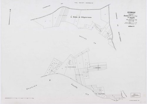 SERMAISE, plans minutes de conservation : tableau d'assemblage, 1936, Ech. 1/10000 ; plans des sections A1, A3, A4, B1, B2, B3, B4, C1, C2, C3, D5, D9, E1, E2, E3, 1936, Ech. 1/1250, section A2, 1936, Ech. 1/2500, sections ZA, ZB, ZC, ZD, ZE, ZH, ZI, 1959