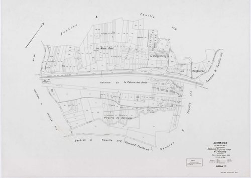 SERMAISE, plans minutes de conservation : tableau d'assemblage, 1936, Ech. 1/10000 ; plans des sections A1, A3, A4, B1, B2, B3, B4, C1, C2, C3, D5, D9, E1, E2, E3, 1936, Ech. 1/1250, section A2, 1936, Ech. 1/2500, sections ZA, ZB, ZC, ZD, ZE, ZH, ZI, 1959
