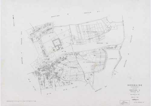 SERMAISE, plans minutes de conservation : tableau d'assemblage, 1936, Ech. 1/10000 ; plans des sections A1, A3, A4, B1, B2, B3, B4, C1, C2, C3, D5, D9, E1, E2, E3, 1936, Ech. 1/1250, section A2, 1936, Ech. 1/2500, sections ZA, ZB, ZC, ZD, ZE, ZH, ZI, 1959