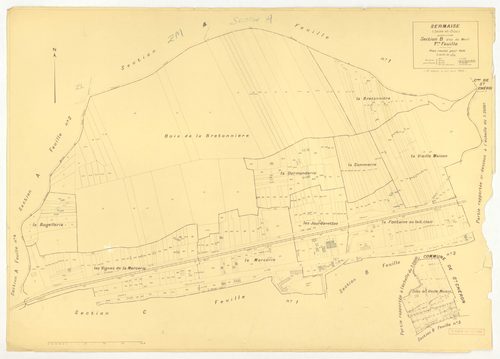 Plans minutes de conservation : SERMAISE : tableau d'assemblage, ech. 1/10000 (1936-1959), sections A1, A3, A4, B3, B4, C1, C2, C3, D1, D5, D9, E1, E2, E3, ech. 1/1250 (1936), section A2, ech. 1/2500 (1936) ; section B2, ech. 1/1250 (1936-1940) ; section 