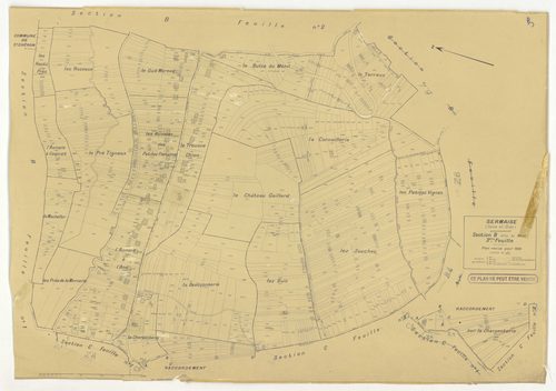 Plans minutes de conservation : SERMAISE : tableau d'assemblage, ech. 1/10000 (1936-1959), sections A1, A3, A4, B3, B4, C1, C2, C3, D1, D5, D9, E1, E2, E3, ech. 1/1250 (1936), section A2, ech. 1/2500 (1936) ; section B2, ech. 1/1250 (1936-1940) ; section 