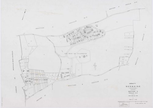 SERMAISE, plans minutes de conservation : tableau d'assemblage, 1936, Ech. 1/10000 ; plans des sections A1, A3, A4, B1, B2, B3, B4, C1, C2, C3, D5, D9, E1, E2, E3, 1936, Ech. 1/1250, section A2, 1936, Ech. 1/2500, sections ZA, ZB, ZC, ZD, ZE, ZH, ZI, 1959