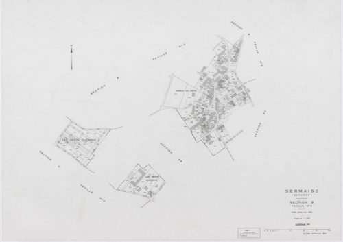 SERMAISE, plans minutes de conservation : tableau d'assemblage, 1936, Ech. 1/10000 ; plans des sections A1, A3, A4, B1, B2, B3, B4, C1, C2, C3, D5, D9, E1, E2, E3, 1936, Ech. 1/1250, section A2, 1936, Ech. 1/2500, sections ZA, ZB, ZC, ZD, ZE, ZH, ZI, 1959