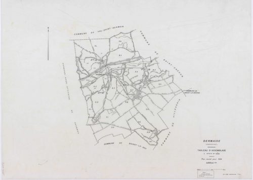 SERMAISE, plans minutes de conservation : tableau d'assemblage, 1936, Ech. 1/10000 ; plans des sections A1, A3, A4, B1, B2, B3, B4, C1, C2, C3, D5, D9, E1, E2, E3, 1936, Ech. 1/1250, section A2, 1936, Ech. 1/2500, sections ZA, ZB, ZC, ZD, ZE, ZH, ZI, 1959