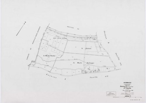 SERMAISE, plans minutes de conservation : tableau d'assemblage, 1936, Ech. 1/10000 ; plans des sections A1, A3, A4, B1, B2, B3, B4, C1, C2, C3, D5, D9, E1, E2, E3, 1936, Ech. 1/1250, section A2, 1936, Ech. 1/2500, sections ZA, ZB, ZC, ZD, ZE, ZH, ZI, 1959