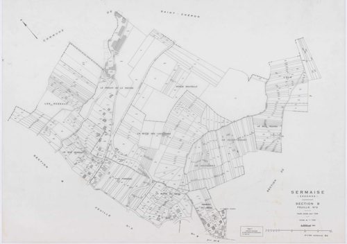 SERMAISE, plans minutes de conservation : tableau d'assemblage, 1936, Ech. 1/10000 ; plans des sections A1, A3, A4, B1, B2, B3, B4, C1, C2, C3, D5, D9, E1, E2, E3, 1936, Ech. 1/1250, section A2, 1936, Ech. 1/2500, sections ZA, ZB, ZC, ZD, ZE, ZH, ZI, 1959