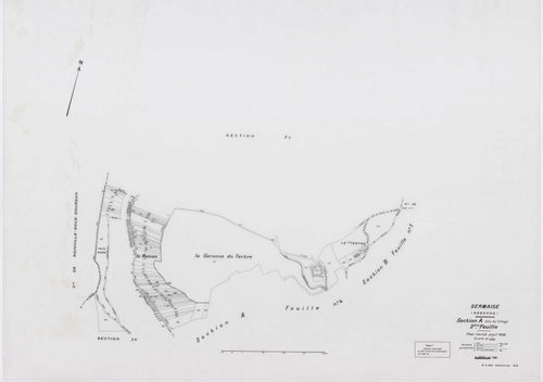 SERMAISE, plans minutes de conservation : tableau d'assemblage, 1936, Ech. 1/10000 ; plans des sections A1, A3, A4, B1, B2, B3, B4, C1, C2, C3, D5, D9, E1, E2, E3, 1936, Ech. 1/1250, section A2, 1936, Ech. 1/2500, sections ZA, ZB, ZC, ZD, ZE, ZH, ZI, 1959