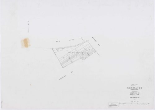 SERMAISE, plans minutes de conservation : tableau d'assemblage, 1936, Ech. 1/10000 ; plans des sections A1, A3, A4, B1, B2, B3, B4, C1, C2, C3, D5, D9, E1, E2, E3, 1936, Ech. 1/1250, section A2, 1936, Ech. 1/2500, sections ZA, ZB, ZC, ZD, ZE, ZH, ZI, 1959