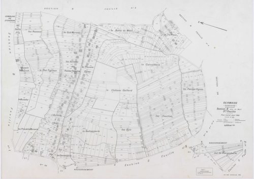SERMAISE, plans minutes de conservation : tableau d'assemblage, 1936, Ech. 1/10000 ; plans des sections A1, A3, A4, B1, B2, B3, B4, C1, C2, C3, D5, D9, E1, E2, E3, 1936, Ech. 1/1250, section A2, 1936, Ech. 1/2500, sections ZA, ZB, ZC, ZD, ZE, ZH, ZI, 1959