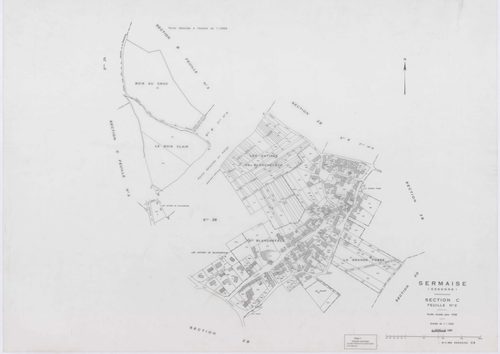 SERMAISE, plans minutes de conservation : tableau d'assemblage, 1936, Ech. 1/10000 ; plans des sections A1, A3, A4, B1, B2, B3, B4, C1, C2, C3, D5, D9, E1, E2, E3, 1936, Ech. 1/1250, section A2, 1936, Ech. 1/2500, sections ZA, ZB, ZC, ZD, ZE, ZH, ZI, 1959