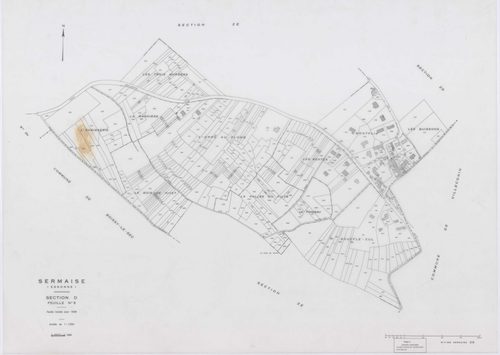 SERMAISE, plans minutes de conservation : tableau d'assemblage, 1936, Ech. 1/10000 ; plans des sections A1, A3, A4, B1, B2, B3, B4, C1, C2, C3, D5, D9, E1, E2, E3, 1936, Ech. 1/1250, section A2, 1936, Ech. 1/2500, sections ZA, ZB, ZC, ZD, ZE, ZH, ZI, 1959