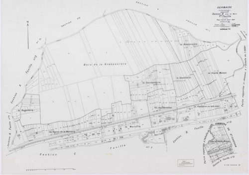 SERMAISE, plans minutes de conservation : tableau d'assemblage, 1936, Ech. 1/10000 ; plans des sections A1, A3, A4, B1, B2, B3, B4, C1, C2, C3, D5, D9, E1, E2, E3, 1936, Ech. 1/1250, section A2, 1936, Ech. 1/2500, sections ZA, ZB, ZC, ZD, ZE, ZH, ZI, 1959