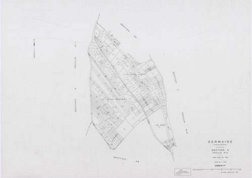 SERMAISE, plans minutes de conservation : tableau d'assemblage, 1936, Ech. 1/10000 ; plans des sections A1, A3, A4, B1, B2, B3, B4, C1, C2, C3, D5, D9, E1, E2, E3, 1936, Ech. 1/1250, section A2, 1936, Ech. 1/2500, sections ZA, ZB, ZC, ZD, ZE, ZH, ZI, 1959