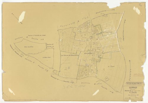 Plans minutes de conservation : SERMAISE : tableau d'assemblage, ech. 1/10000 (1936-1959), sections A1, A3, A4, B3, B4, C1, C2, C3, D1, D5, D9, E1, E2, E3, ech. 1/1250 (1936), section A2, ech. 1/2500 (1936) ; section B2, ech. 1/1250 (1936-1940) ; section 