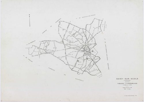 SOISY-SUR-ECOLE, plans minutes de conservation : tableau d'assemblage, 1936, Ech. 1/10000 ; plans des sections A2, B1, B2, C1, C2, C3, D1, D2, G2, G3, G4, I1, I2, 1936, Ech. 1/1250, sections B3, E, F, H, 1936, Ech. 1/2500, sections ZA, ZB, ZC, 1962, Ech. 
