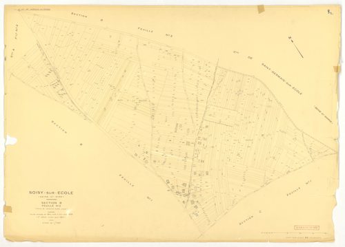 Plans minutes de conservation : SOISY-SUR-ECOLE : tableau d'assemblage ech. 1/10000 (1936-1964), D2, G4, ech. 1/1250 (1936), sections B3, E, F, ech. 1/2500 (1936) ; section C3, ech. 1/1250 (1936-1953) ; sections A2, B1, B2, C1, C2, D1, D2, F, G2, G3, H, I