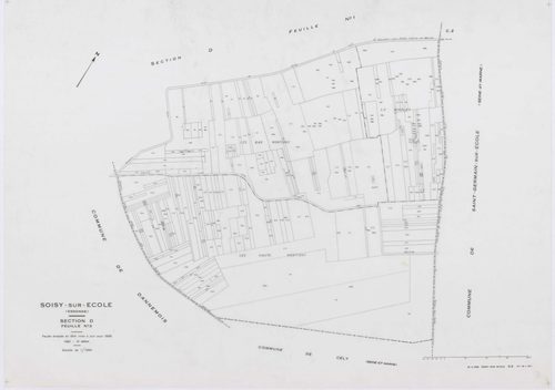 SOISY-SUR-ECOLE, plans minutes de conservation : tableau d'assemblage, 1936, Ech. 1/10000 ; plans des sections A2, B1, B2, C1, C2, C3, D1, D2, G2, G3, G4, I1, I2, 1936, Ech. 1/1250, sections B3, E, F, H, 1936, Ech. 1/2500, sections ZA, ZB, ZC, 1962, Ech. 