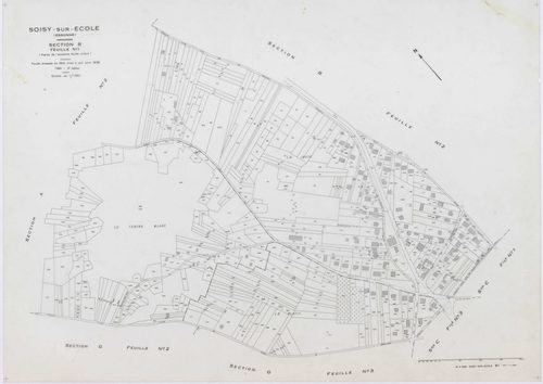 SOISY-SUR-ECOLE, plans minutes de conservation : tableau d'assemblage, 1936, Ech. 1/10000 ; plans des sections A2, B1, B2, C1, C2, C3, D1, D2, G2, G3, G4, I1, I2, 1936, Ech. 1/1250, sections B3, E, F, H, 1936, Ech. 1/2500, sections ZA, ZB, ZC, 1962, Ech. 