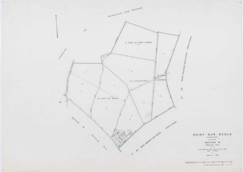 SOISY-SUR-ECOLE, plans minutes de conservation : tableau d'assemblage, 1936, Ech. 1/10000 ; plans des sections A2, B1, B2, C1, C2, C3, D1, D2, G2, G3, G4, I1, I2, 1936, Ech. 1/1250, sections B3, E, F, H, 1936, Ech. 1/2500, sections ZA, ZB, ZC, 1962, Ech. 