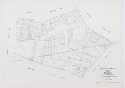 SOISY-SUR-ECOLE, plans minutes de conservation : tableau d'assemblage, 1936, Ech. 1/10000 ; plans des sections A2, B1, B2, C1, C2, C3, D1, D2, G2, G3, G4, I1, I2, 1936, Ech. 1/1250, sections B3, E, F, H, 1936, Ech. 1/2500, sections ZA, ZB, ZC, 1962, Ech. 