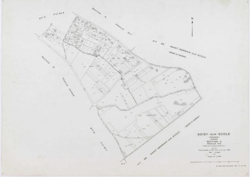 SOISY-SUR-ECOLE, plans minutes de conservation : tableau d'assemblage, 1936, Ech. 1/10000 ; plans des sections A2, B1, B2, C1, C2, C3, D1, D2, G2, G3, G4, I1, I2, 1936, Ech. 1/1250, sections B3, E, F, H, 1936, Ech. 1/2500, sections ZA, ZB, ZC, 1962, Ech. 