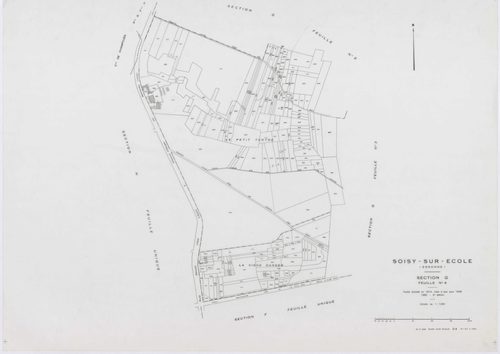 SOISY-SUR-ECOLE, plans minutes de conservation : tableau d'assemblage, 1936, Ech. 1/10000 ; plans des sections A2, B1, B2, C1, C2, C3, D1, D2, G2, G3, G4, I1, I2, 1936, Ech. 1/1250, sections B3, E, F, H, 1936, Ech. 1/2500, sections ZA, ZB, ZC, 1962, Ech. 