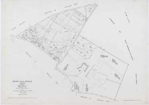 SOISY-SUR-ECOLE, plans minutes de conservation : tableau d'assemblage, 1936, Ech. 1/10000 ; plans des sections A2, B1, B2, C1, C2, C3, D1, D2, G2, G3, G4, I1, I2, 1936, Ech. 1/1250, sections B3, E, F, H, 1936, Ech. 1/2500, sections ZA, ZB, ZC, 1962, Ech. 