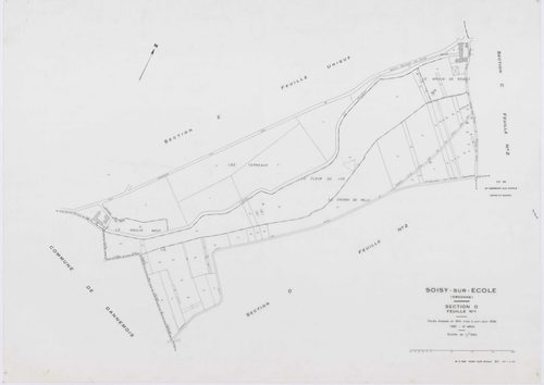SOISY-SUR-ECOLE, plans minutes de conservation : tableau d'assemblage, 1936, Ech. 1/10000 ; plans des sections A2, B1, B2, C1, C2, C3, D1, D2, G2, G3, G4, I1, I2, 1936, Ech. 1/1250, sections B3, E, F, H, 1936, Ech. 1/2500, sections ZA, ZB, ZC, 1962, Ech. 