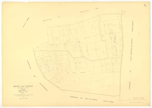 Plans minutes de conservation : SOISY-SUR-ECOLE : tableau d'assemblage ech. 1/10000 (1936-1964), D2, G4, ech. 1/1250 (1936), sections B3, E, F, ech. 1/2500 (1936) ; section C3, ech. 1/1250 (1936-1953) ; sections A2, B1, B2, C1, C2, D1, D2, F, G2, G3, H, I