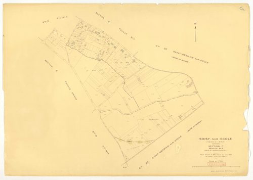 Plans minutes de conservation : SOISY-SUR-ECOLE : tableau d'assemblage ech. 1/10000 (1936-1964), D2, G4, ech. 1/1250 (1936), sections B3, E, F, ech. 1/2500 (1936) ; section C3, ech. 1/1250 (1936-1953) ; sections A2, B1, B2, C1, C2, D1, D2, F, G2, G3, H, I