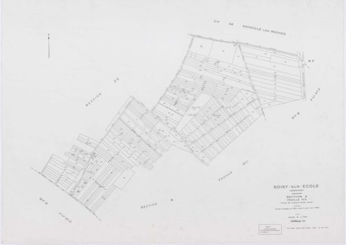 SOISY-SUR-ECOLE, plans minutes de conservation : tableau d'assemblage, 1936, Ech. 1/10000 ; plans des sections A2, B1, B2, C1, C2, C3, D1, D2, G2, G3, G4, I1, I2, 1936, Ech. 1/1250, sections B3, E, F, H, 1936, Ech. 1/2500, sections ZA, ZB, ZC, 1962, Ech. 