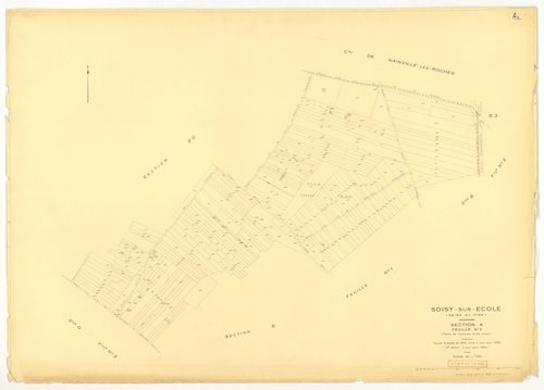 Plans minutes de conservation : SOISY-SUR-ECOLE : tableau d'assemblage ech. 1/10000 (1936-1964), D2, G4, ech. 1/1250 (1936), sections B3, E, F, ech. 1/2500 (1936) ; section C3, ech. 1/1250 (1936-1953) ; sections A2, B1, B2, C1, C2, D1, D2, F, G2, G3, H, I