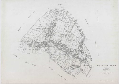 SOISY-SUR-ECOLE, plans minutes de conservation : tableau d'assemblage, 1936, Ech. 1/10000 ; plans des sections A2, B1, B2, C1, C2, C3, D1, D2, G2, G3, G4, I1, I2, 1936, Ech. 1/1250, sections B3, E, F, H, 1936, Ech. 1/2500, sections ZA, ZB, ZC, 1962, Ech. 