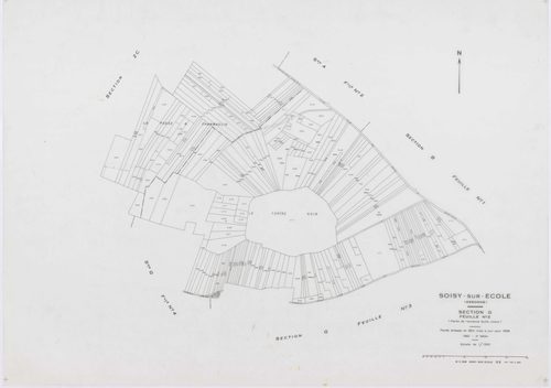 SOISY-SUR-ECOLE, plans minutes de conservation : tableau d'assemblage, 1936, Ech. 1/10000 ; plans des sections A2, B1, B2, C1, C2, C3, D1, D2, G2, G3, G4, I1, I2, 1936, Ech. 1/1250, sections B3, E, F, H, 1936, Ech. 1/2500, sections ZA, ZB, ZC, 1962, Ech. 