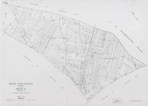 SOISY-SUR-ECOLE, plans minutes de conservation : tableau d'assemblage, 1936, Ech. 1/10000 ; plans des sections A2, B1, B2, C1, C2, C3, D1, D2, G2, G3, G4, I1, I2, 1936, Ech. 1/1250, sections B3, E, F, H, 1936, Ech. 1/2500, sections ZA, ZB, ZC, 1962, Ech. 