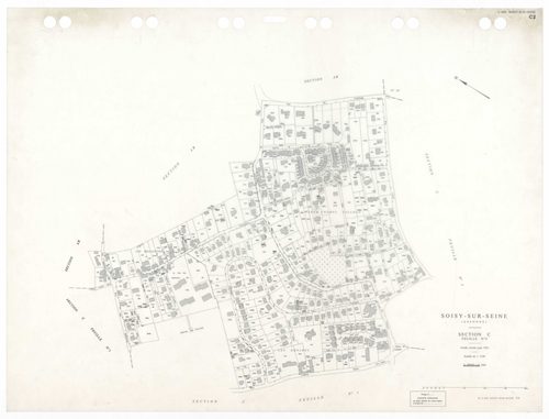 SOISY-SUR-SEINE, plans minutes de conservation : tableau d'assemblage,1935, Ech. 1/10000 ; plans des sections AU, 1935, Ech. 1/5000, sections BU, C1, 1935, Ech. 1/2500, sections C2, C3, C4, C5, 1935, Ech. 1/1250, sections AB, AC, 1981, Ech. 1/1000, sectio