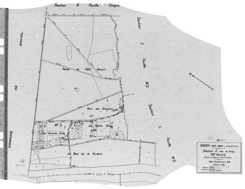 SOISY-SUR-SEINE. - Cadastre révisé pour 1935 : plans de la section A la Forêt, section B la Plaine, section C Soisy 1ère feuille, idem 2ème feuille, idem 3ème feuille, idem 4ème feuille, idem 5ème feuille; cadastre révisé pour 1935 renouvelé pour 1940 : p