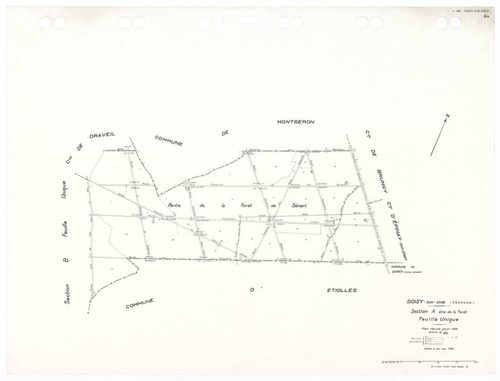 SOISY-SUR-SEINE, plans minutes de conservation : tableau d'assemblage,1935, Ech. 1/10000 ; plans des sections AU, 1935, Ech. 1/5000, sections BU, C1, 1935, Ech. 1/2500, sections C2, C3, C4, C5, 1935, Ech. 1/1250, sections AB, AC, 1981, Ech. 1/1000, sectio