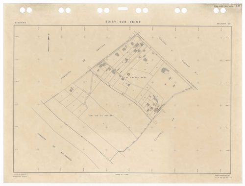 SOISY-SUR-SEINE, plans minutes de conservation : tableau d'assemblage,1935, Ech. 1/10000 ; plans des sections AU, 1935, Ech. 1/5000, sections BU, C1, 1935, Ech. 1/2500, sections C2, C3, C4, C5, 1935, Ech. 1/1250, sections AB, AC, 1981, Ech. 1/1000, sectio