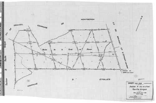 SOISY-SUR-SEINE. - Cadastre révisé pour 1935 : plans de la section A la Forêt, section B la Plaine, section C Soisy 1ère feuille, idem 2ème feuille, idem 3ème feuille, idem 4ème feuille, idem 5ème feuille; cadastre révisé pour 1935 renouvelé pour 1940 : p
